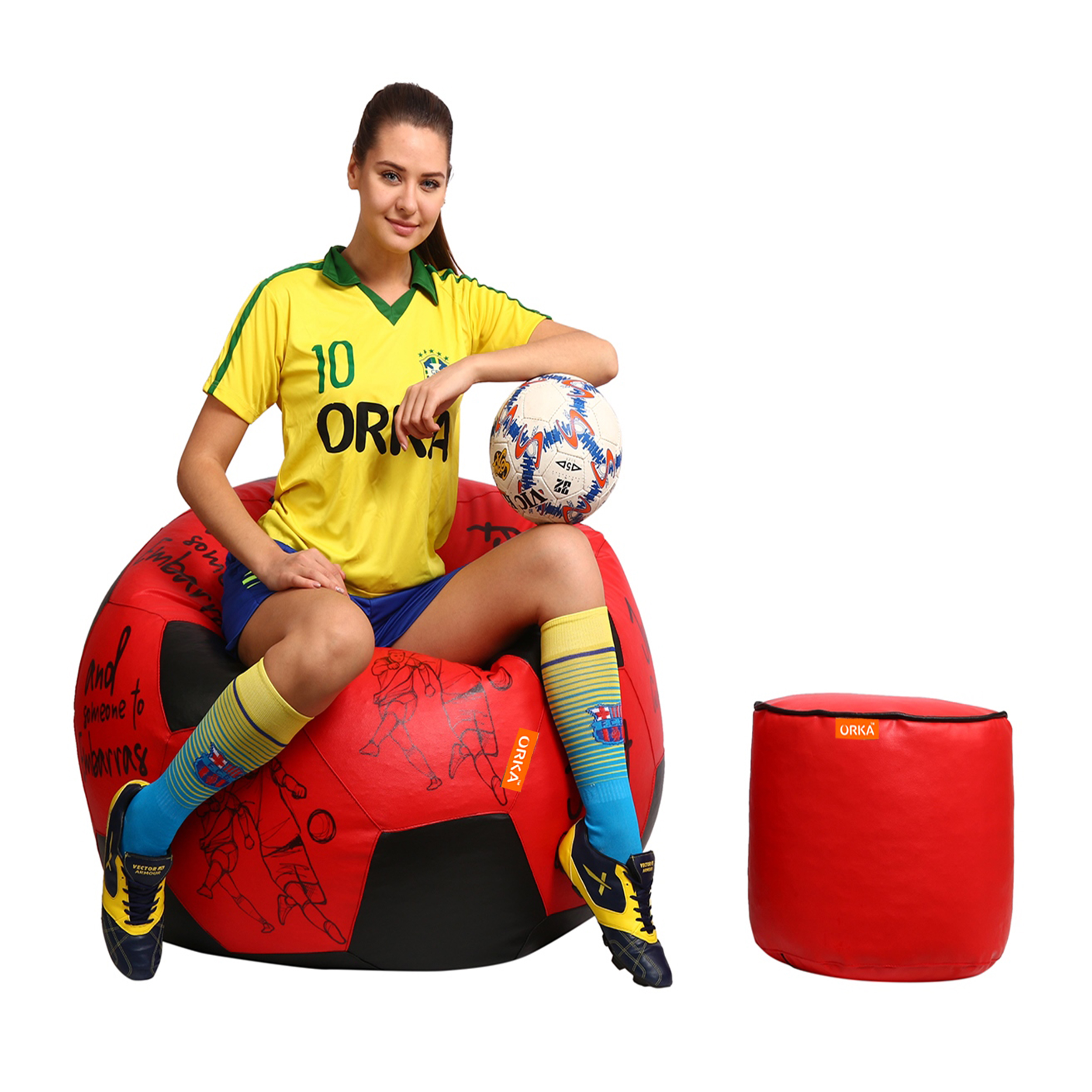 Orka Digital Printed XXXL Foorball With Mathching Footstool Filled Bean Bag With Beans (FB15 Red,Black) view 4